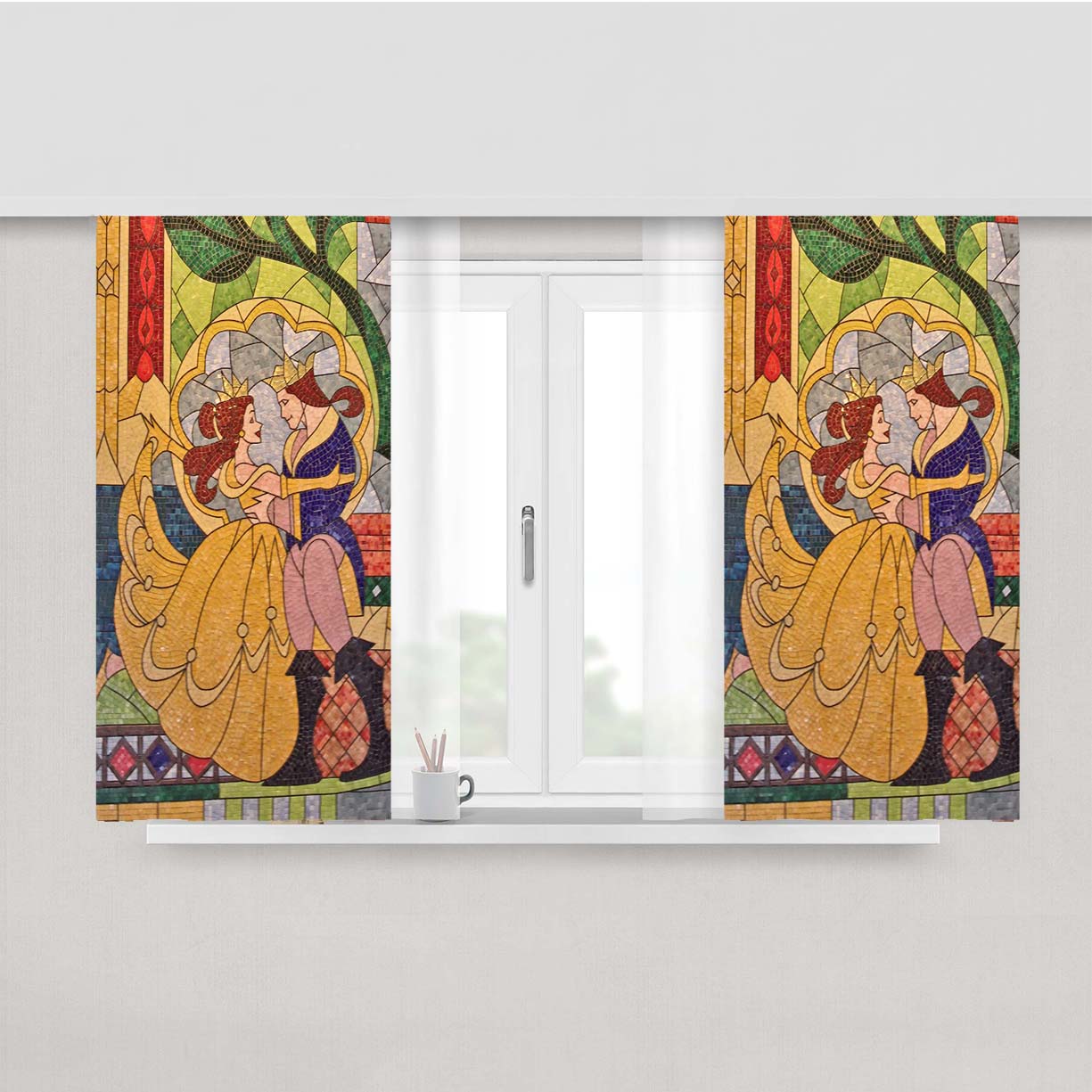 Prince Beast And Belle Stained Glass Peach Skin Window Curtains