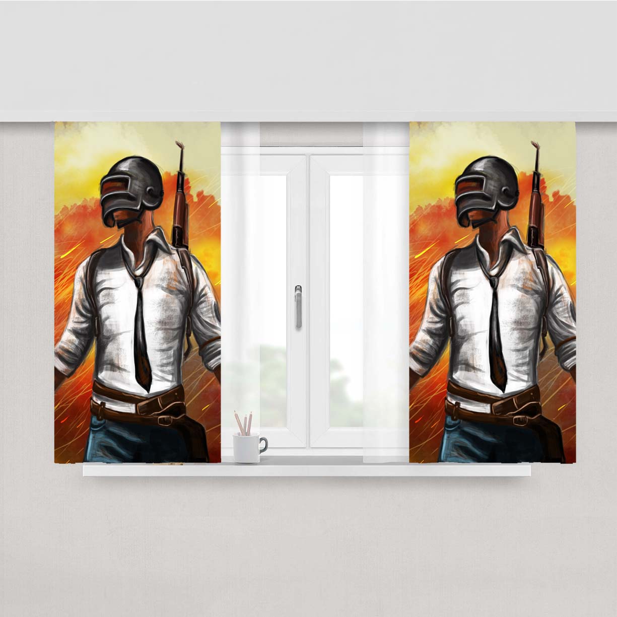 Pubg Helmet Guy Sketch Art Peach Skin Window Curtains