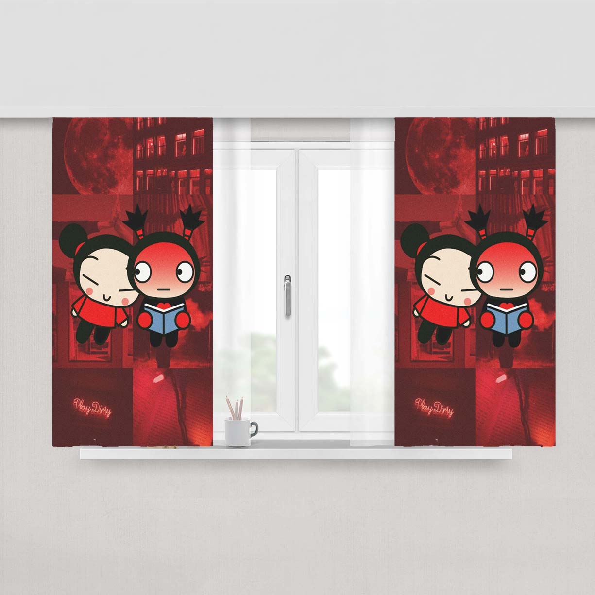 Pucca And Garu Red Shy Peach Skin Window Curtains