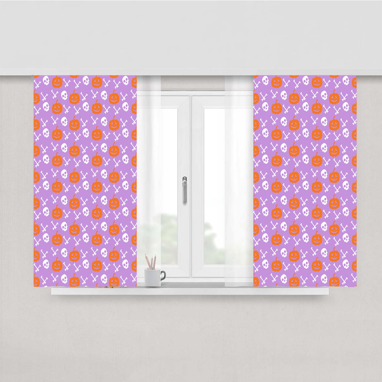 Purple Pattern Pumpkins Bone And Head Skeleton Halloween Prints Peach Skin Window Curtains