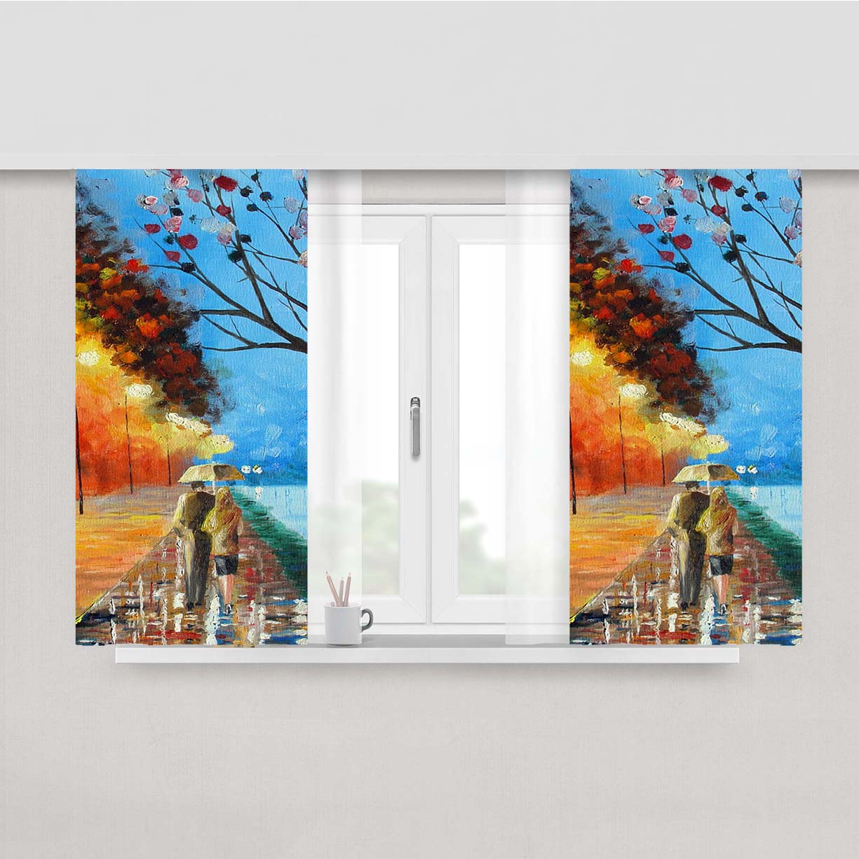 Rain Road Couple Love Oil Painting Peach Skin Window Curtains