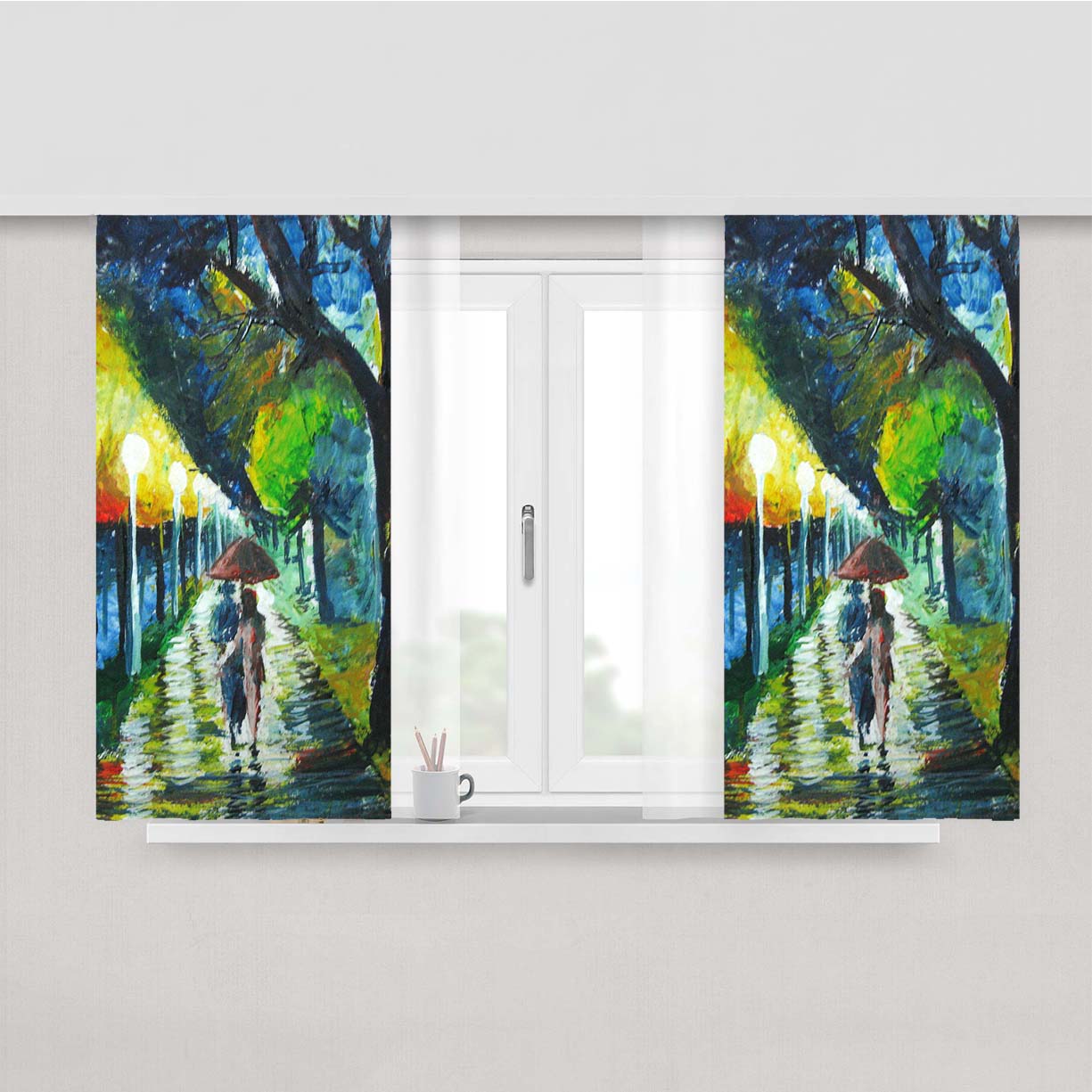 Rain Road Painting Peach Skin Window Curtains