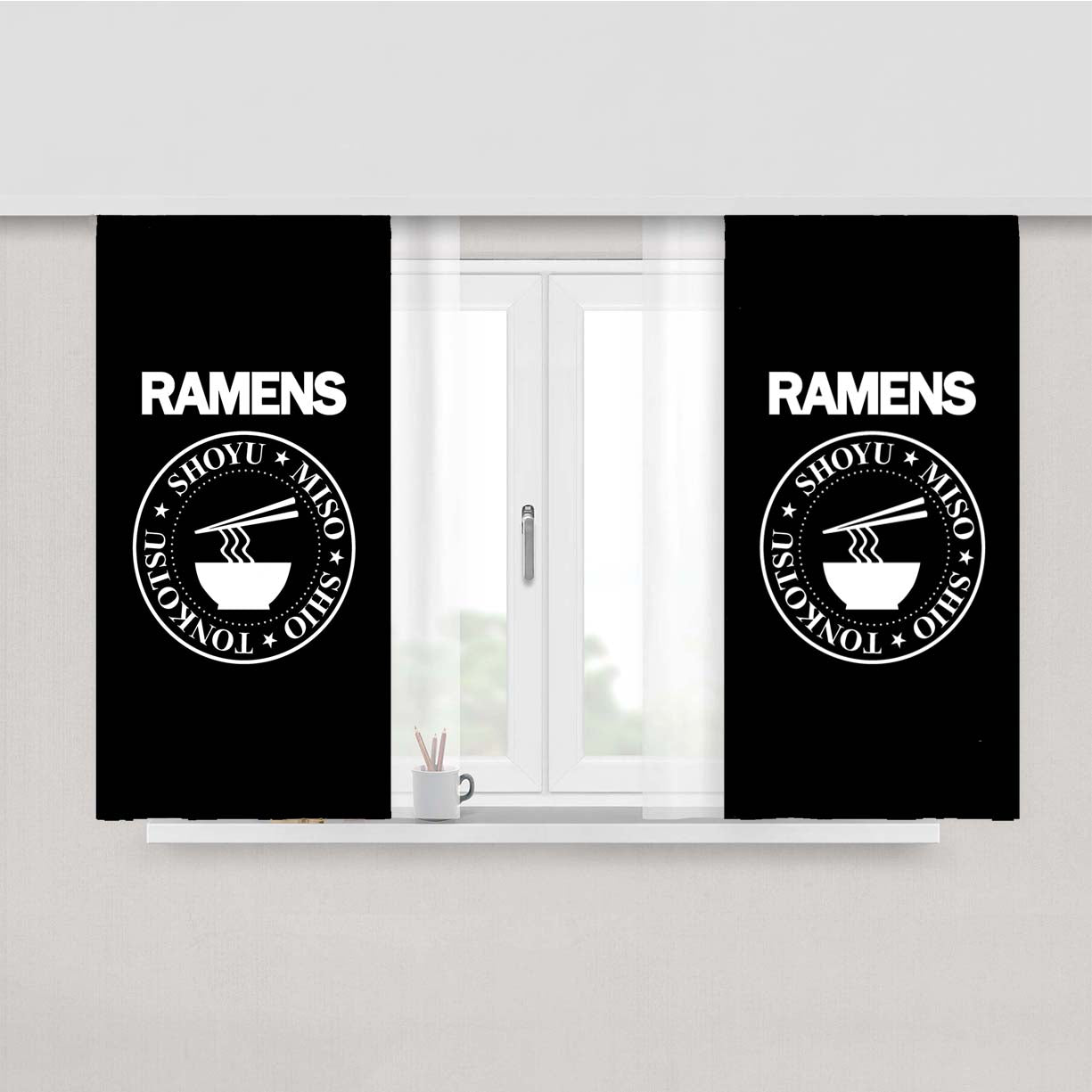 Ramen Noodles Composition Ramens Ramones Logo Parody Funny Peach Skin Window Curtains