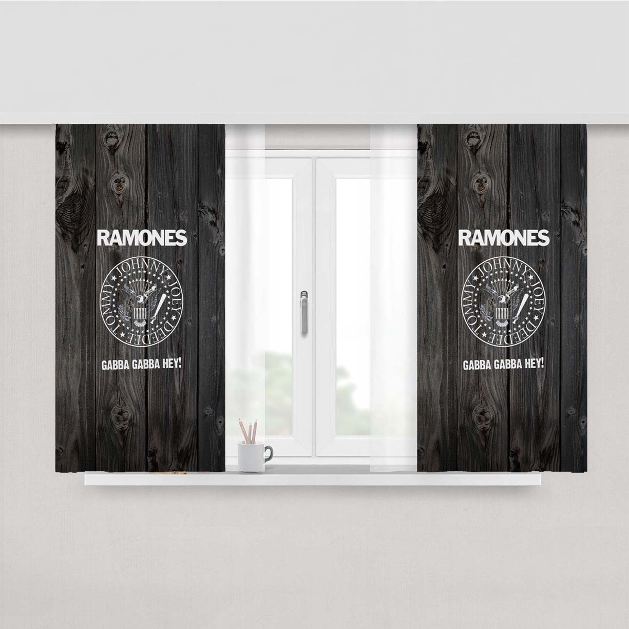 Ramones Logo Dark Wood Wallpaper Peach Skin Window Curtains