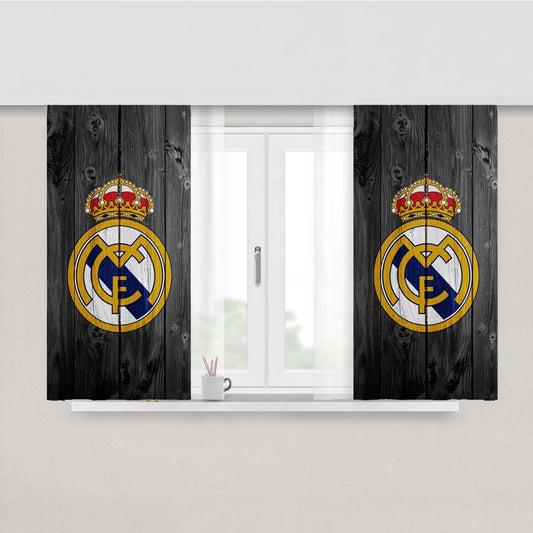 Real Madrid Fc Soccer Logo Dark Wood Peach Skin Window Curtains