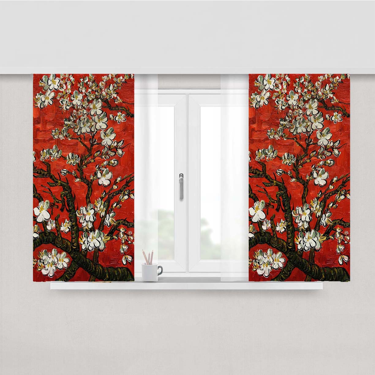 Red Blossoming Almond Tree Van Gogh Peach Skin Window Curtains