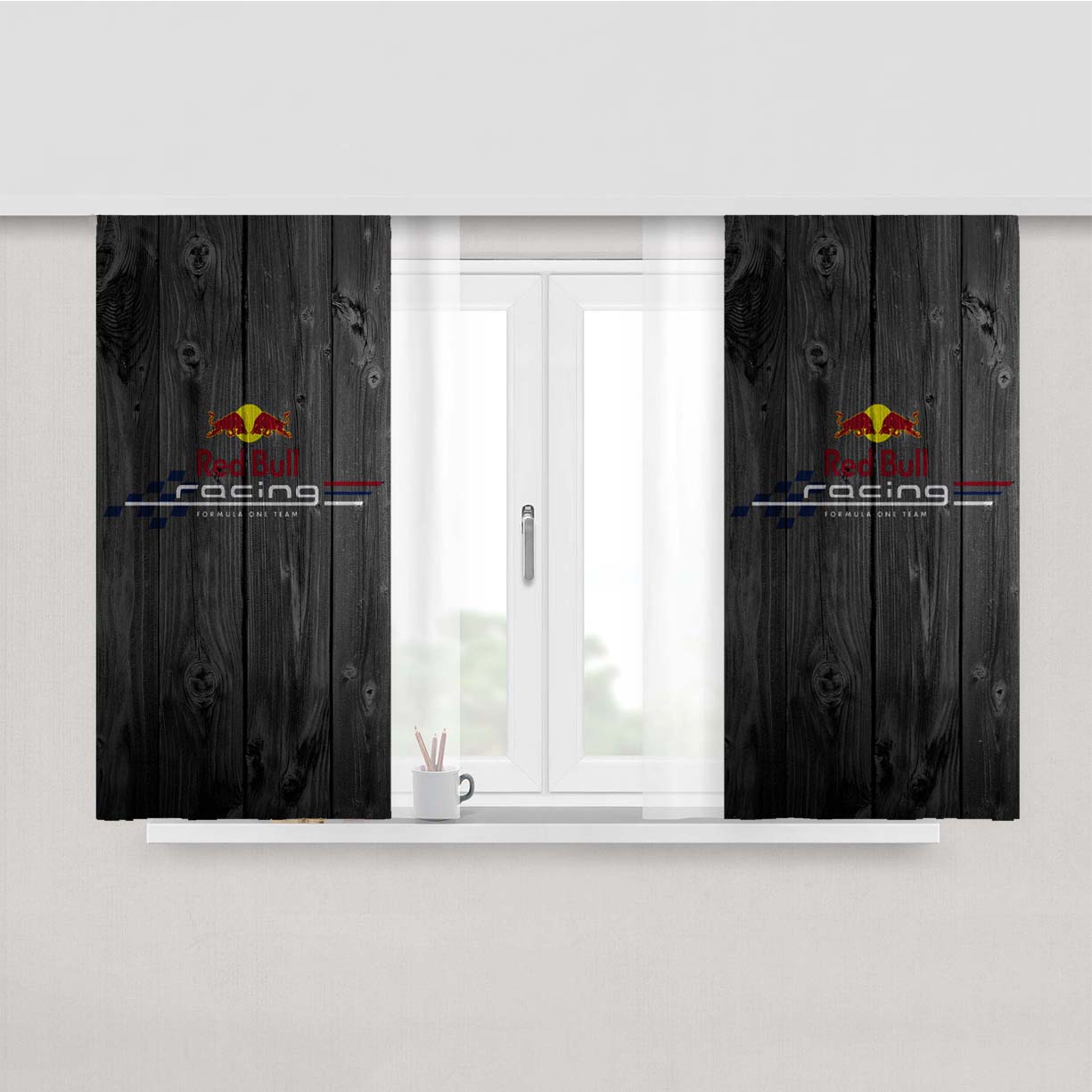 Red Bull Racing Logo Dark Wood Wallpaper Peach Skin Window Curtains
