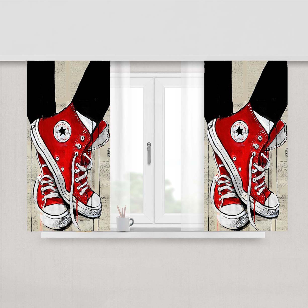 Red Converse Painting Peach Skin Window Curtains