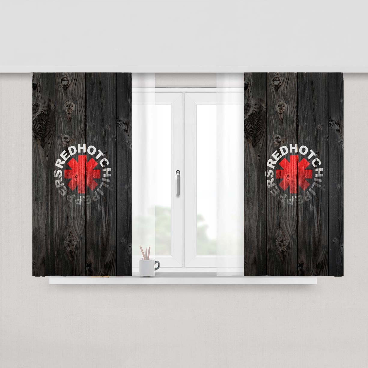Red Hot Chilli Peppers Logo Dark Wood Peach Skin Window Curtains