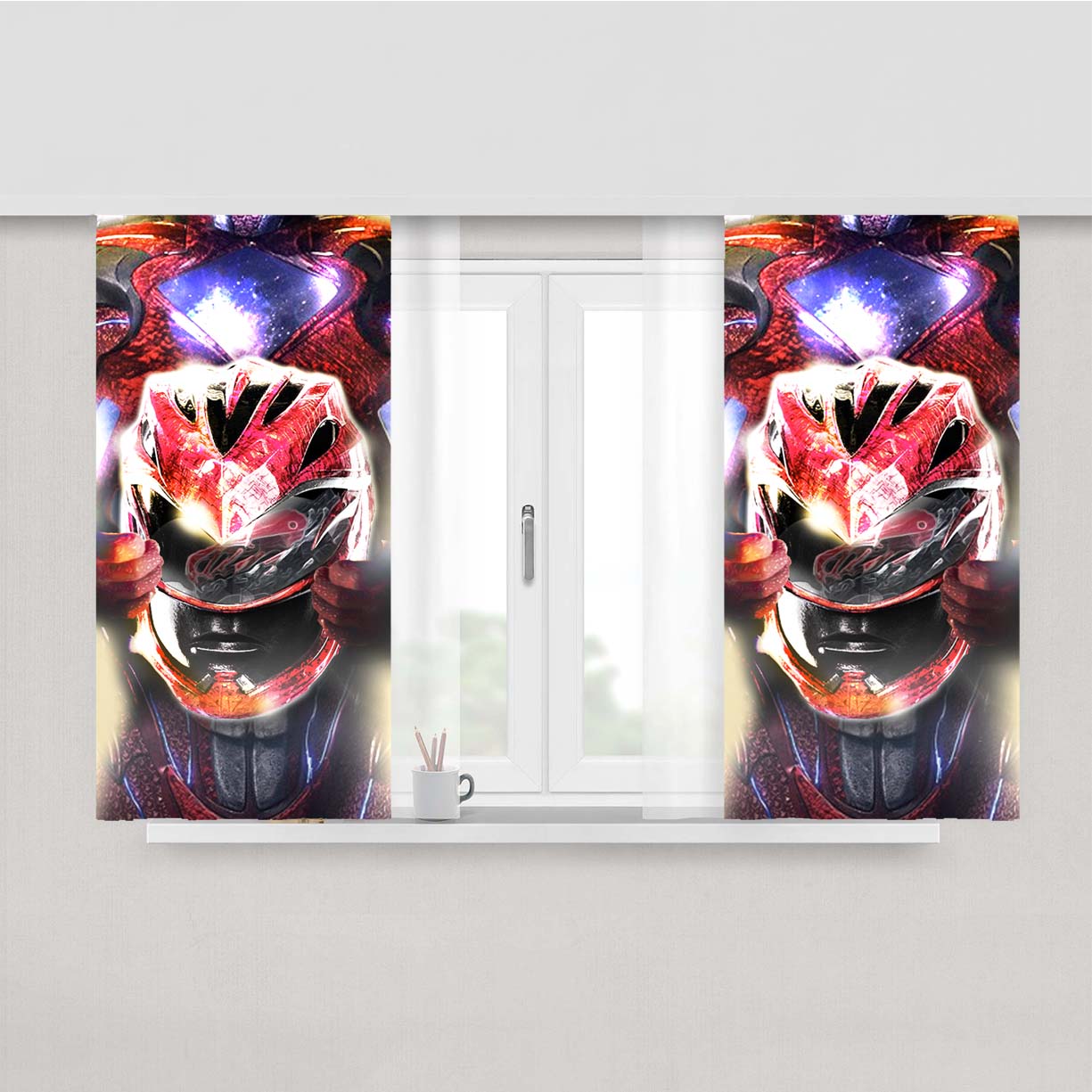 Red Power Rangers Helmet Artwork Peach Skin Window Curtains