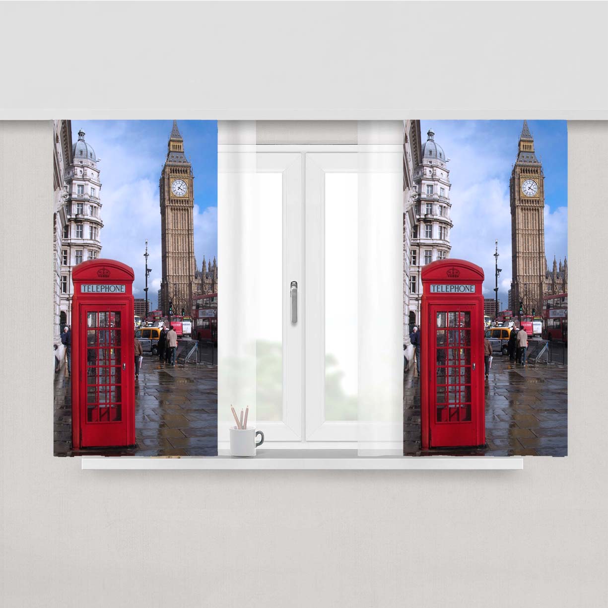 Red Telephone Box, Big Ben Peach Skin Window Curtains