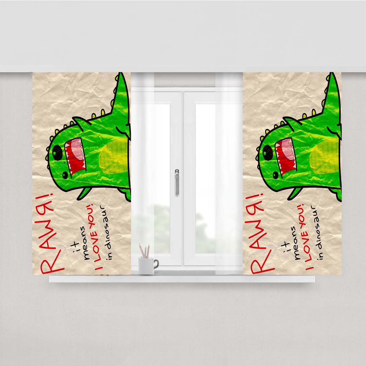 Reptar Rawr Cute Green Dinosaur Peach Skin Window Curtains