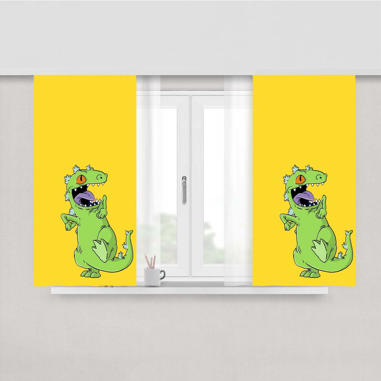 Reptar Rugrats Green Dinosaurs Cartoon Peach Skin Window Curtains