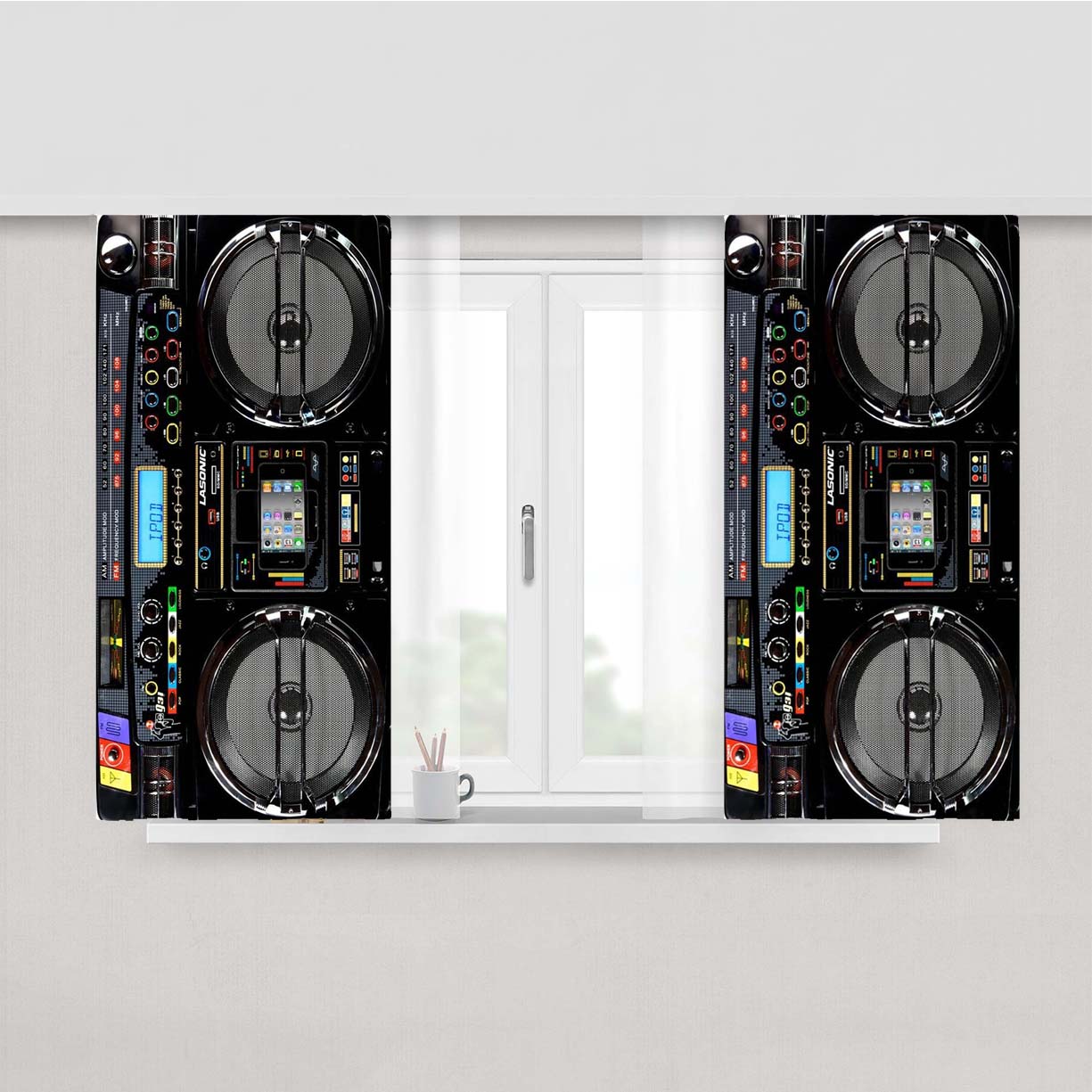 Retro Black Boombox Peach Skin Window Curtains