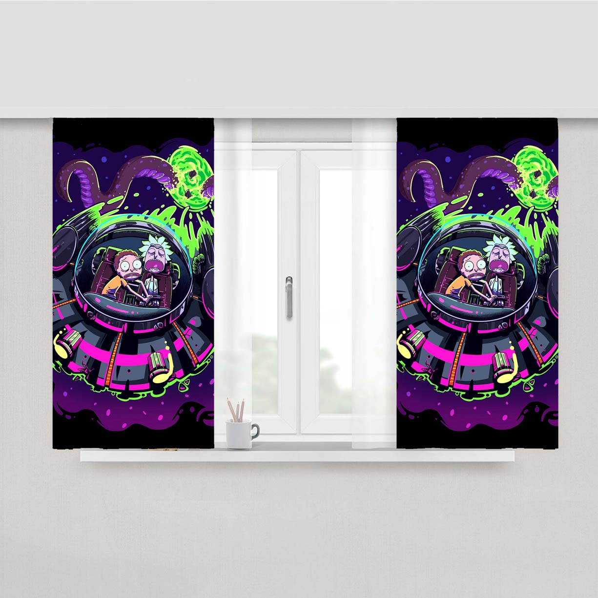 Rick And Morty Alien Flying Saucer Purple Peach Skin Window Curtains