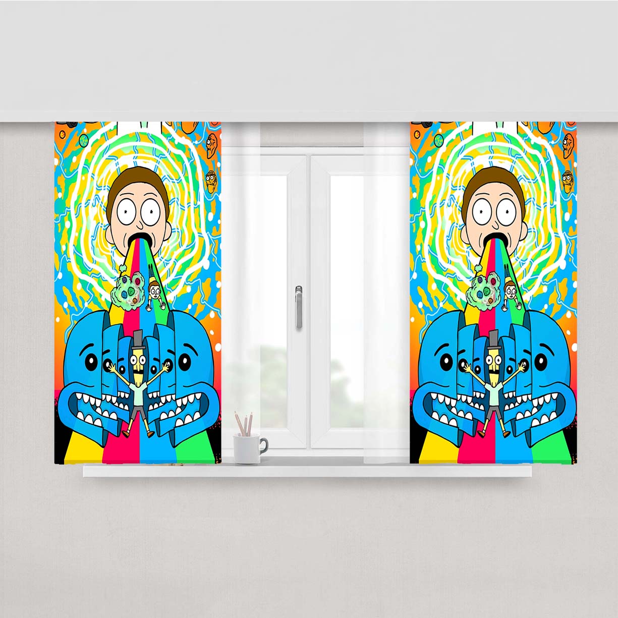 Rick And Morty Face Space Full Color Peach Skin Window Curtains