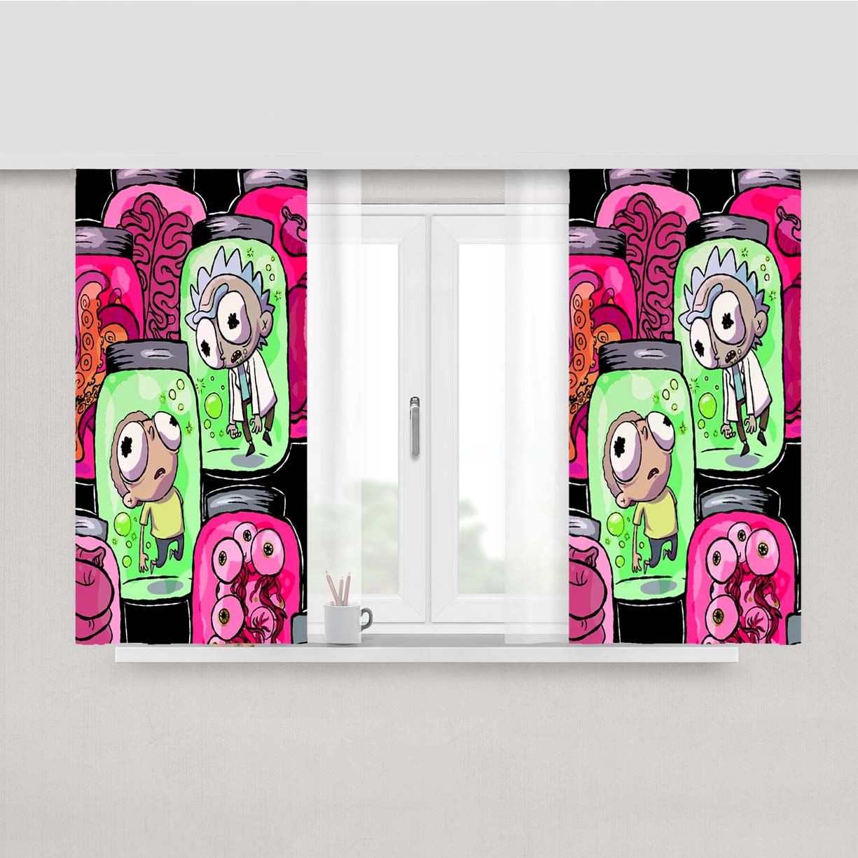 Rick And Morty In Jar Laboratory Peach Skin Window Curtains