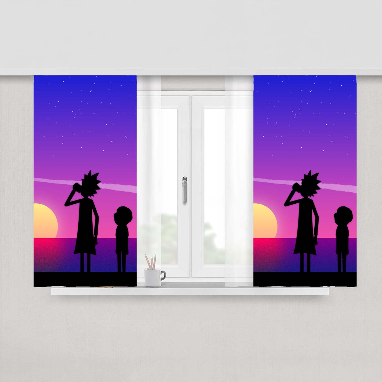 Rick And Morty Looking Sunset Peach Skin Window Curtains