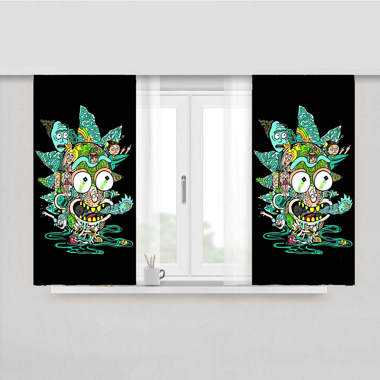 Rick And Morty Pickle Rick Art Doodle Poster Baby Blue Peach Skin Window Curtains