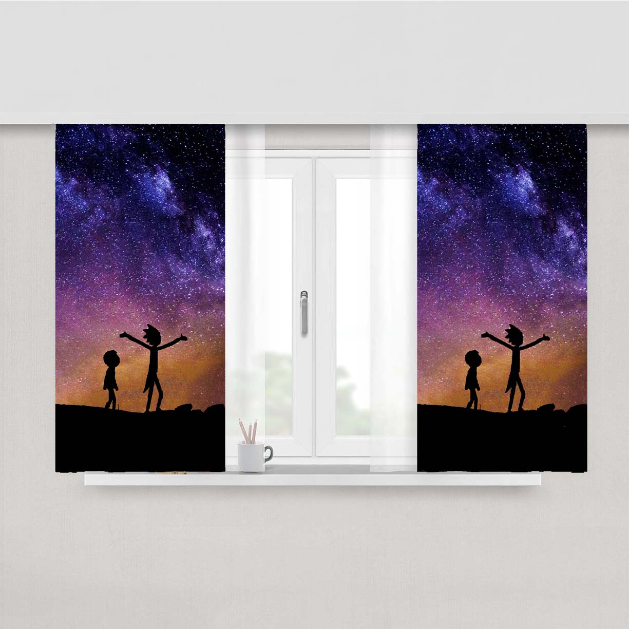 Rick And Morty Silhouette Galaxy Peach Skin Window Curtains