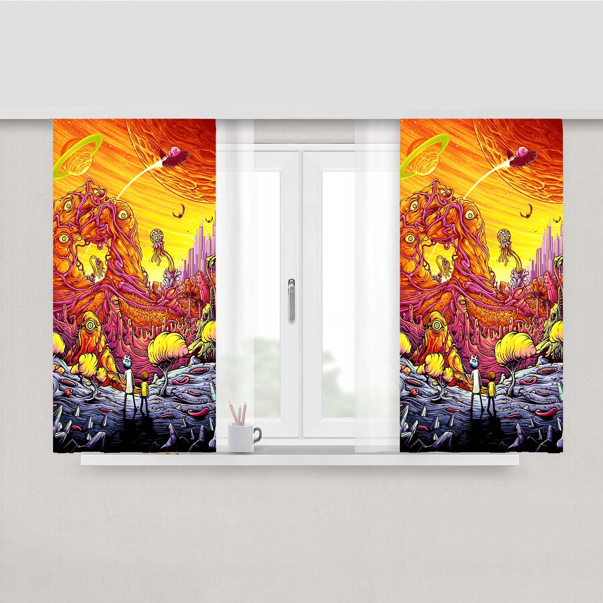 Rick And Morty World Full Colour Peach Skin Window Curtains