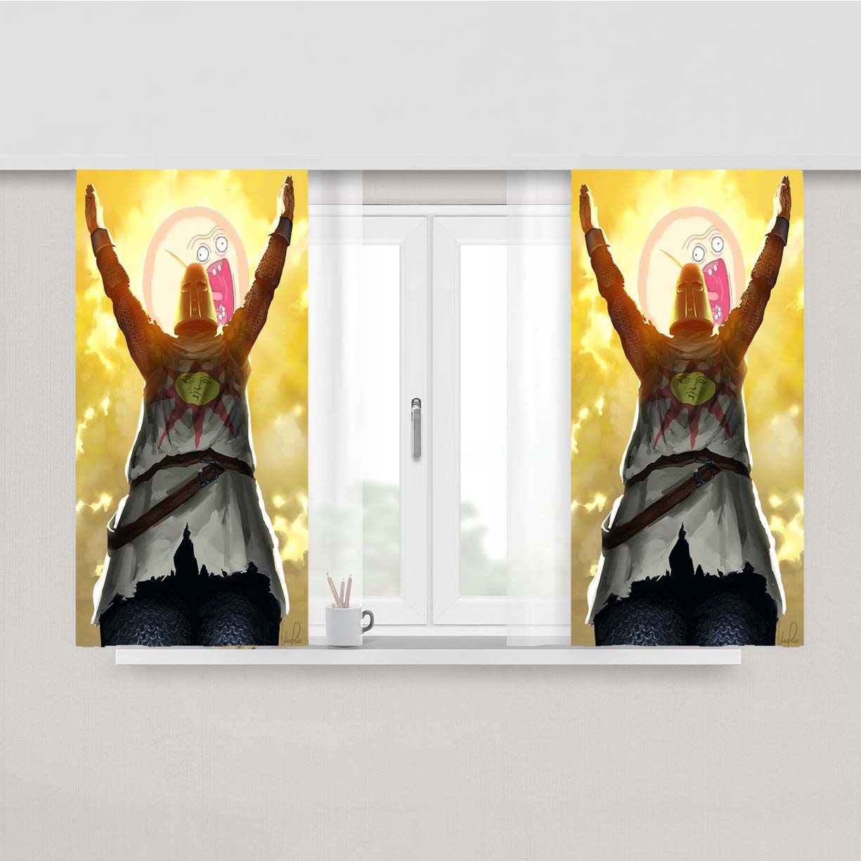 Rick And Mortys Screaming Sun With Dark Souls Solaire Peach Skin Window Curtains