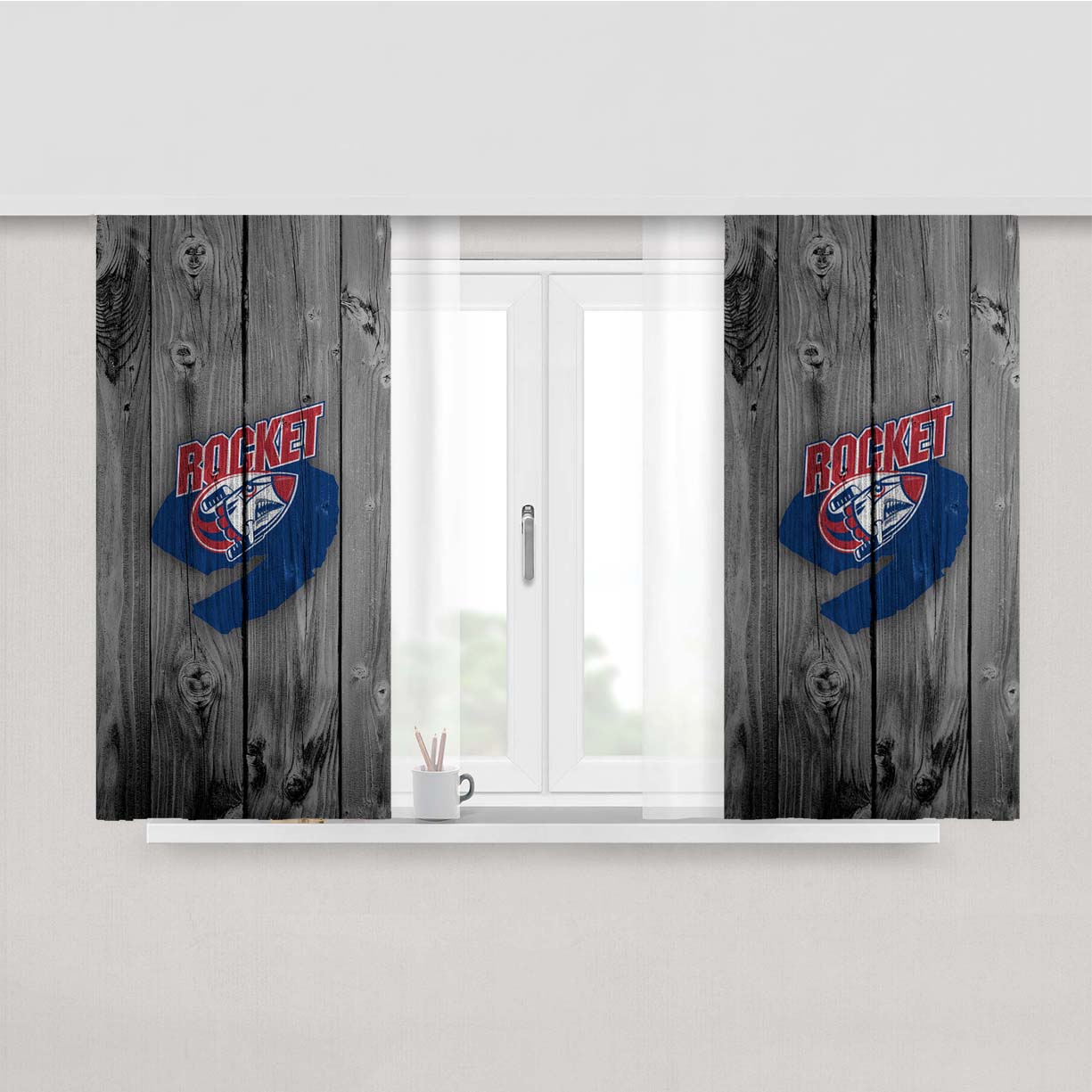 Rocket Logo Dark Wood Wallpaper Peach Skin Window Curtains