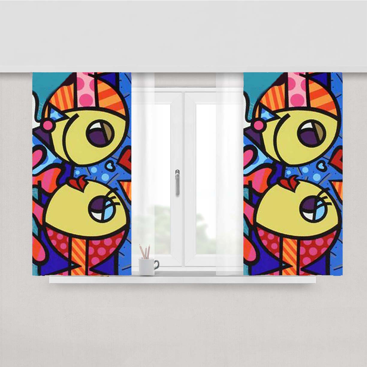 Romero Britto Fish Peach Skin Window Curtains