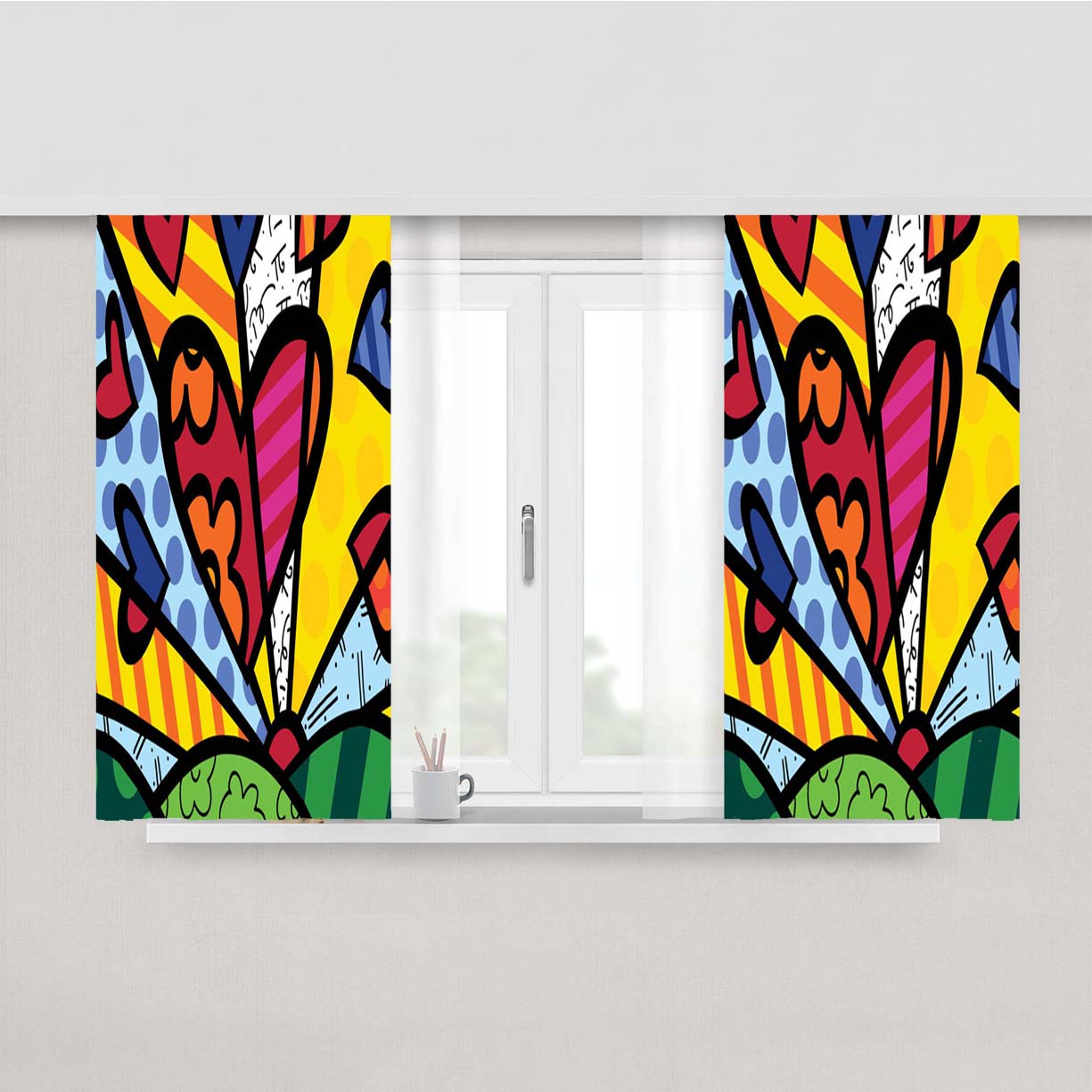 Romero Britto Pop Hearts Wallpaper Peach Skin Window Curtains