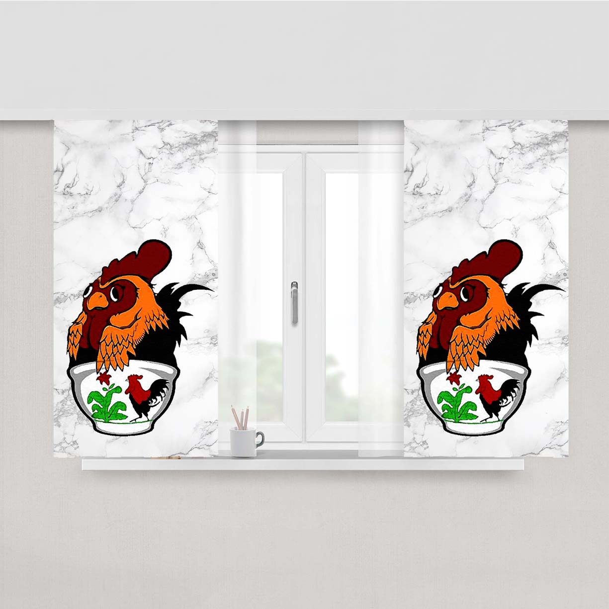 Rooster Bowl Design Marble Peach Skin Window Curtains