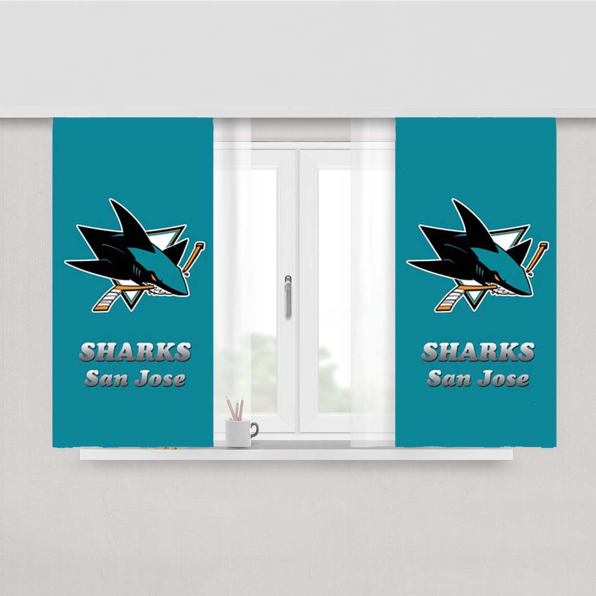 San Jose Sharks Logo Aqua Peach Skin Window Curtains