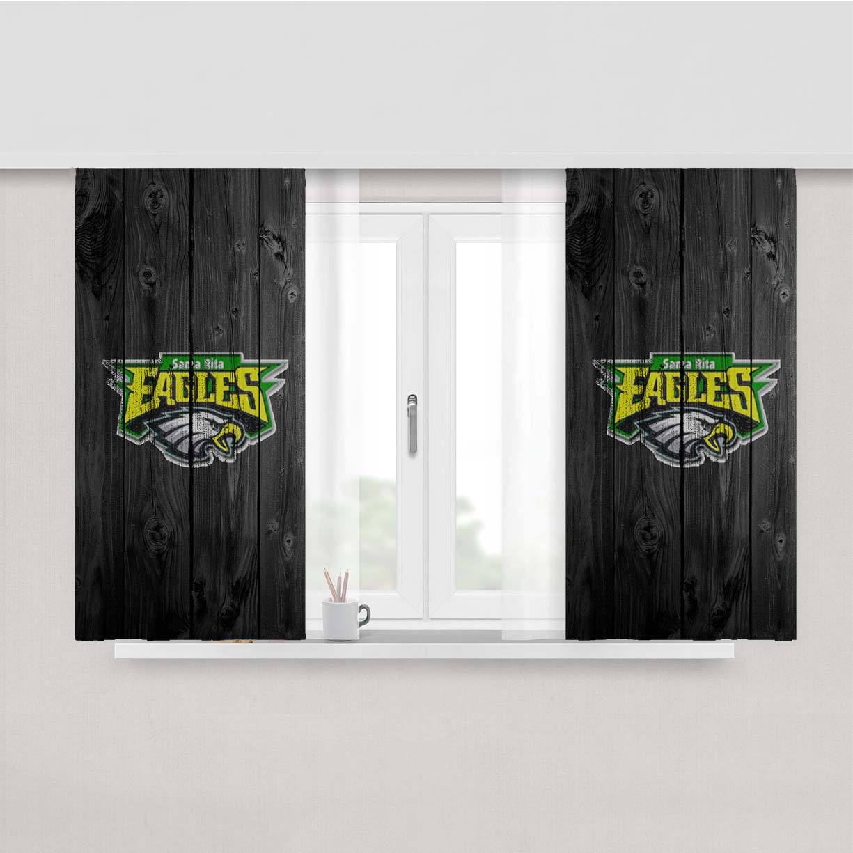 Santa Rita Eagles Logo Dark Wood Wallpaper Peach Skin Window Curtains