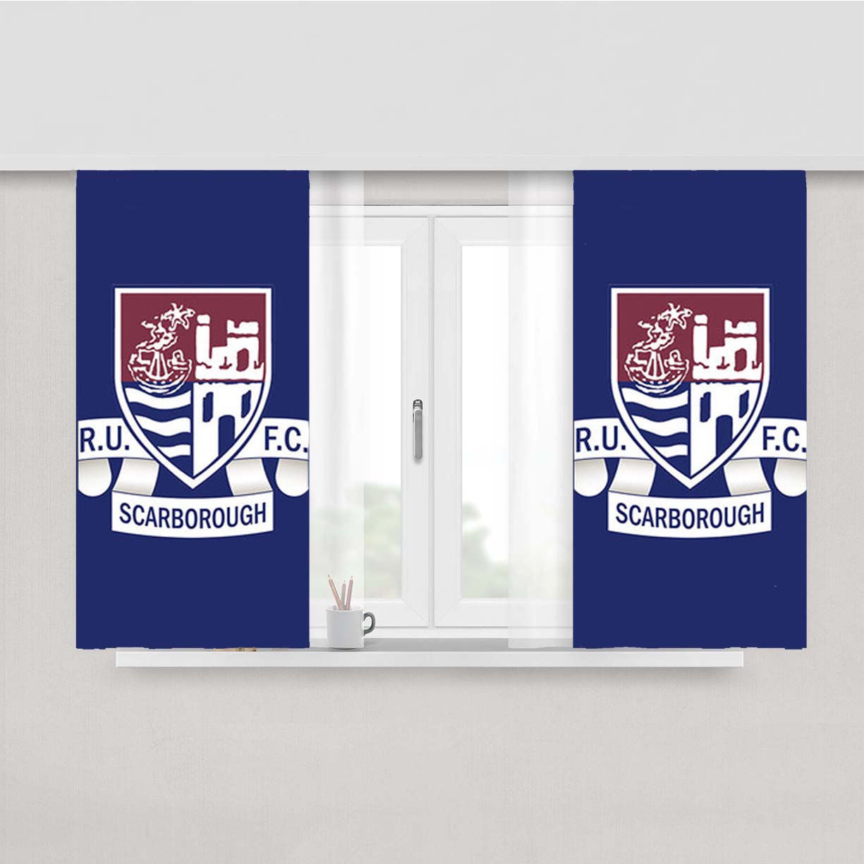 Scarborough Logo Blue Peach Skin Window Curtains
