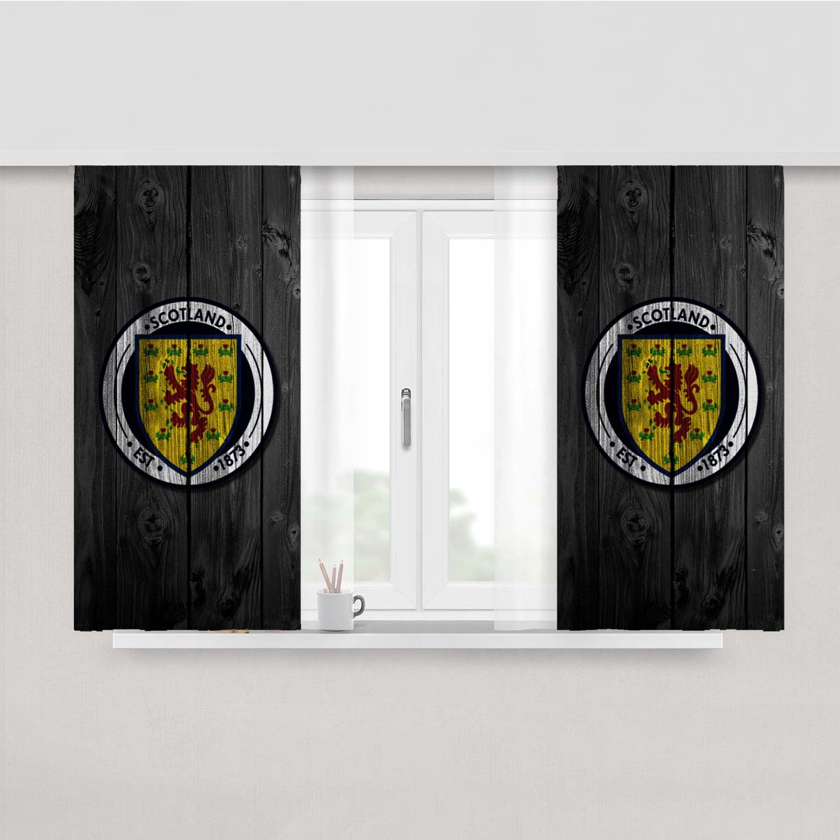 Scotland National Team Logo Dark Wood Wallpaper Peach Skin Window Curtains