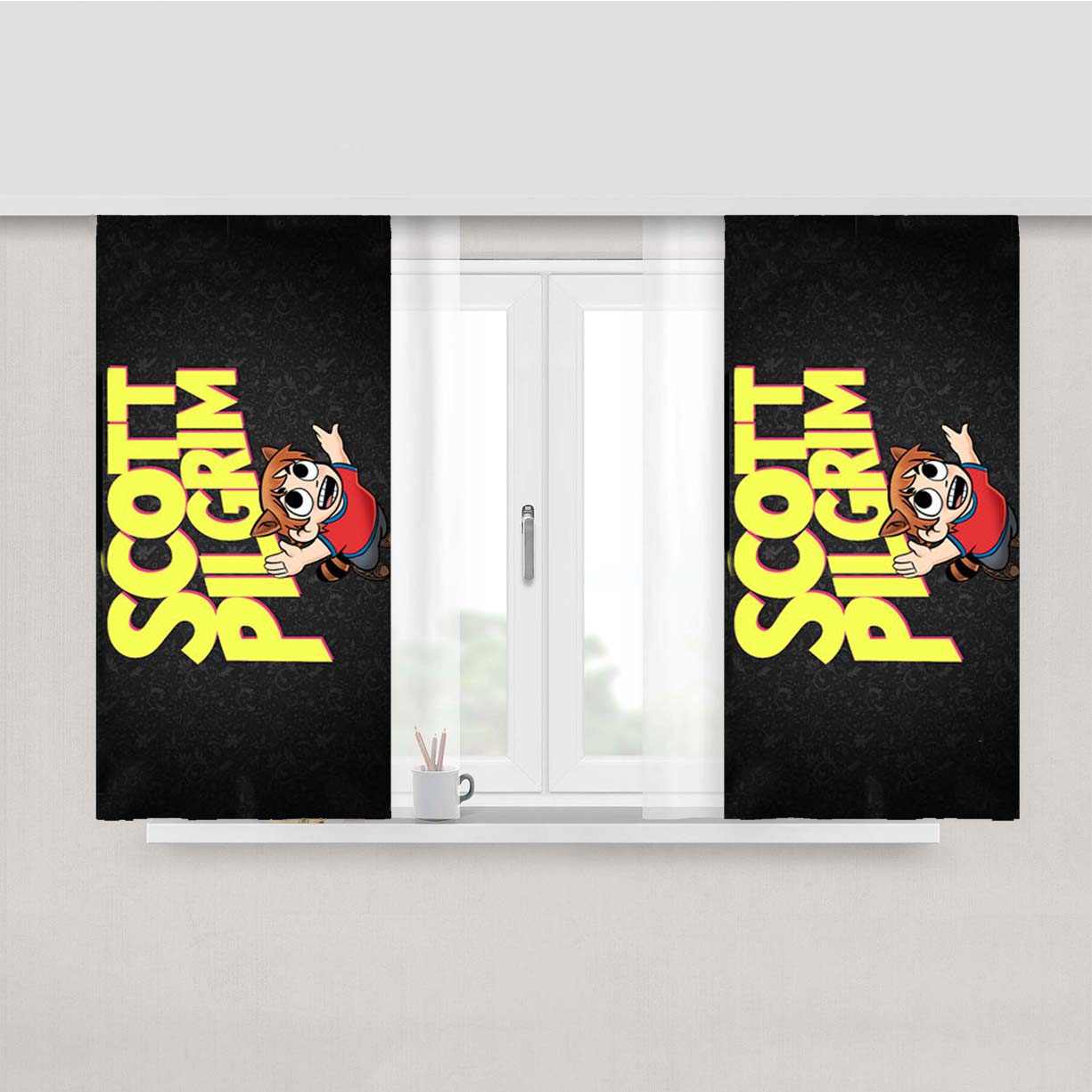 Scott Pilgrim Black Motif Peach Skin Window Curtains
