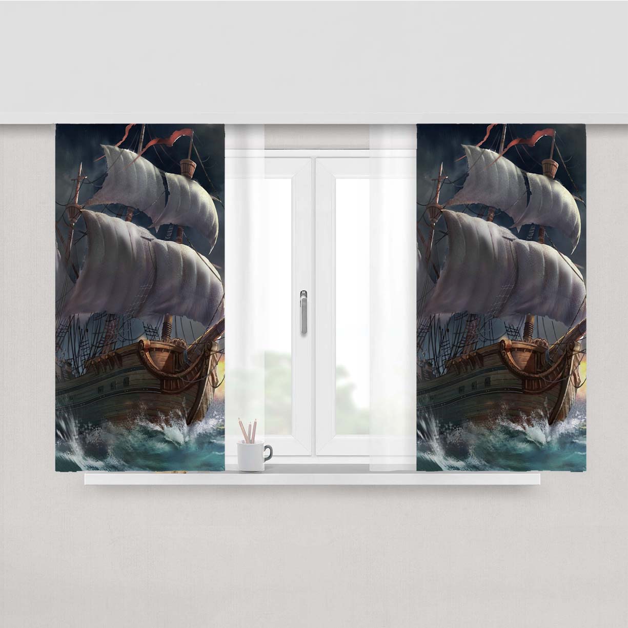 Sea Storm Ship- Peach Skin Window Curtains