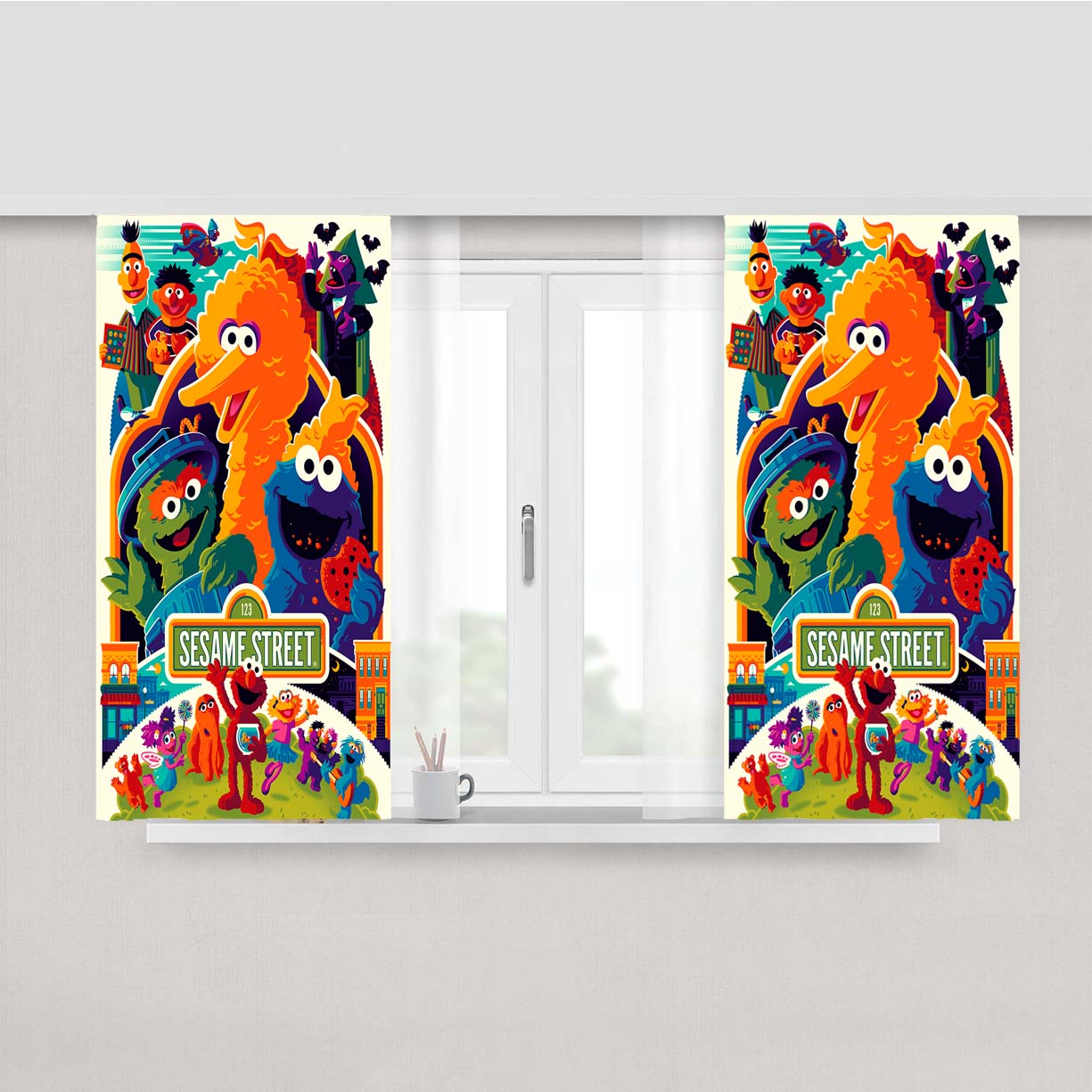 Sesame Street Season 49 All Friends Peach Skin Window Curtains