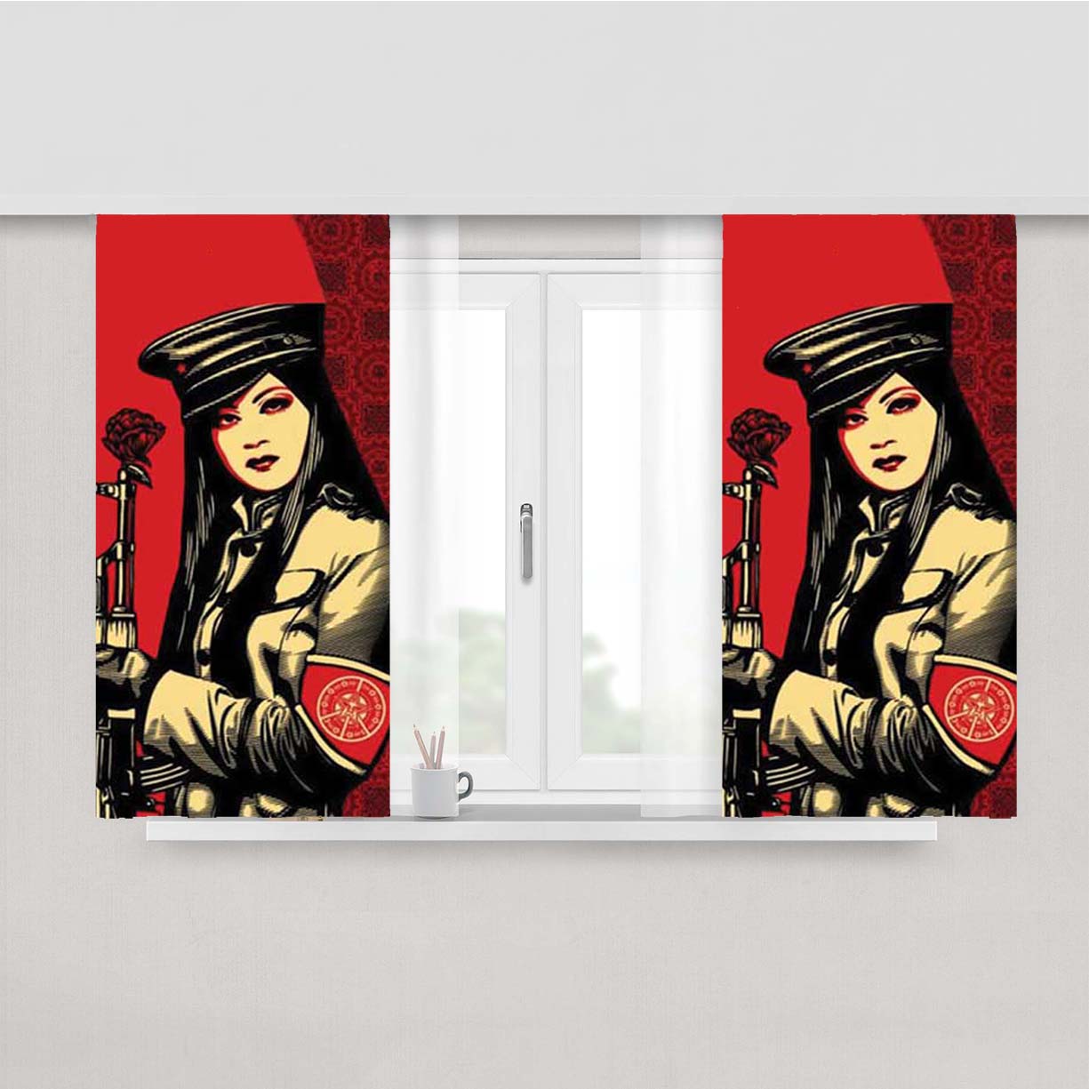 Shepard Fairey Female Soldier Peach Skin Window Curtains