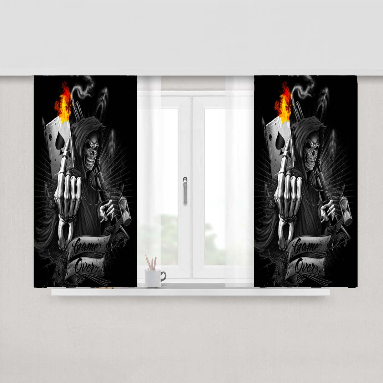 Skull Card Game Over Peach Skin Window Curtains