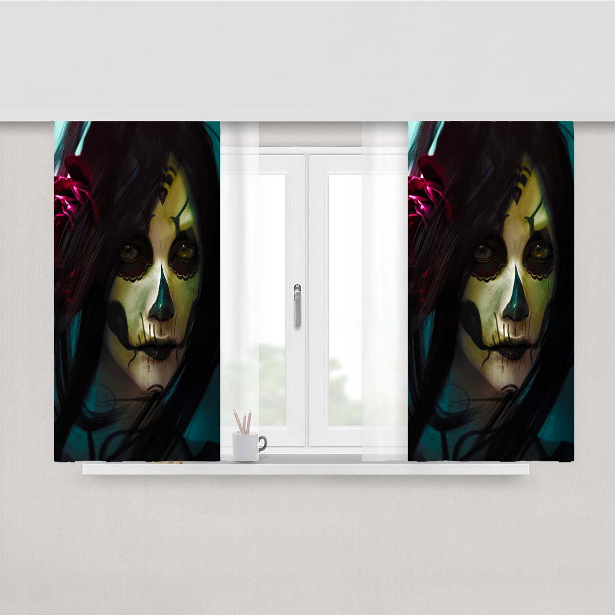 Skull Girl Peach Skin Window Curtains