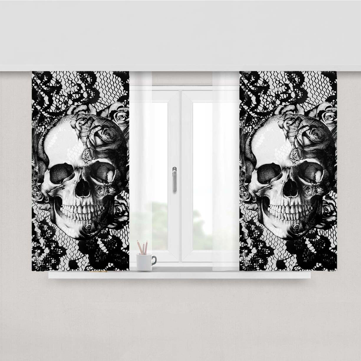 Skull On Black Lace Copy Peach Skin Window Curtains