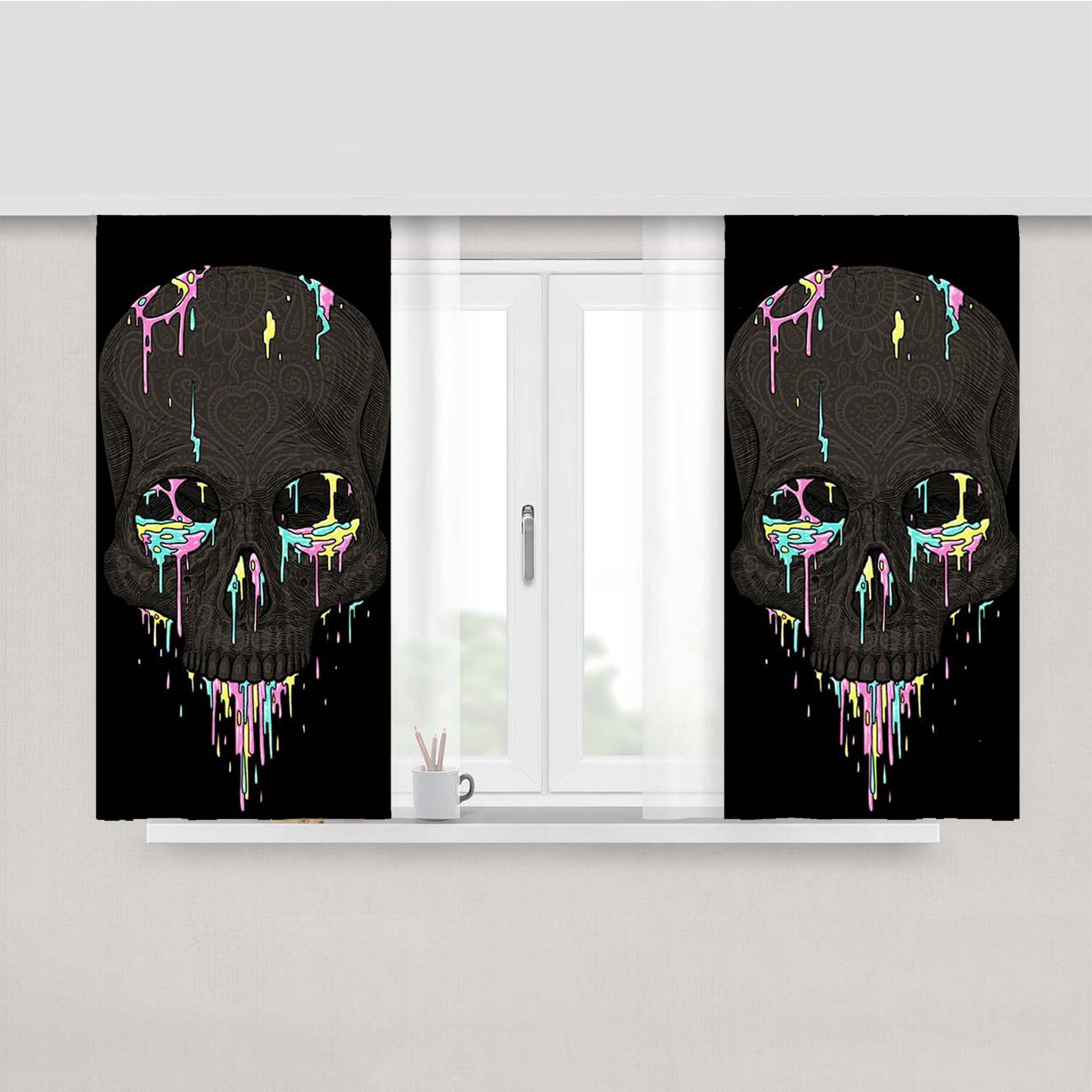 Skull Rainbow Peach Skin Window Curtains