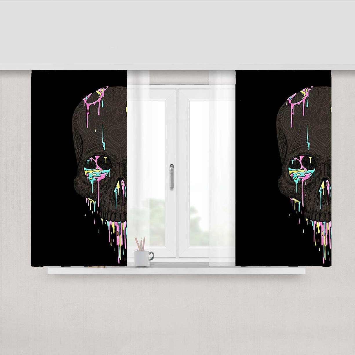 Skull Rainbow Leaf Peach Skin Window Curtains