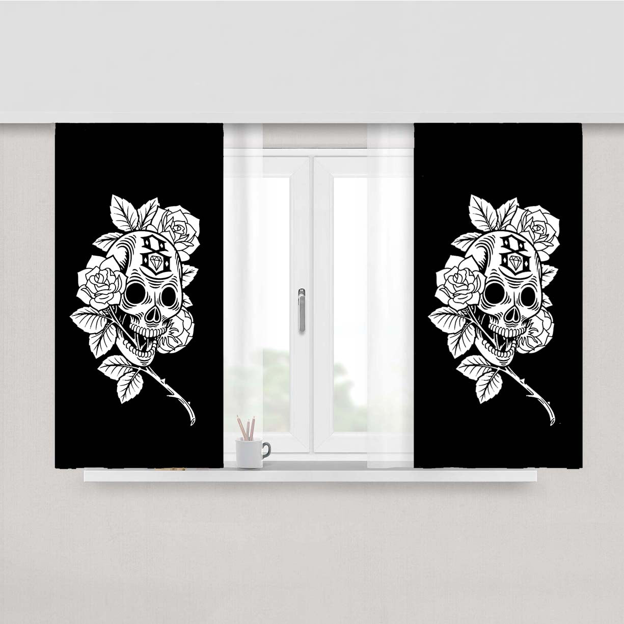 Skull Rose Eight Tattoo Black Peach Skin Window Curtains