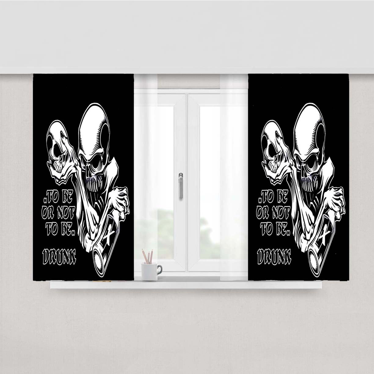 Skull To Be Or Not To Be Black Peach Skin Window Curtains