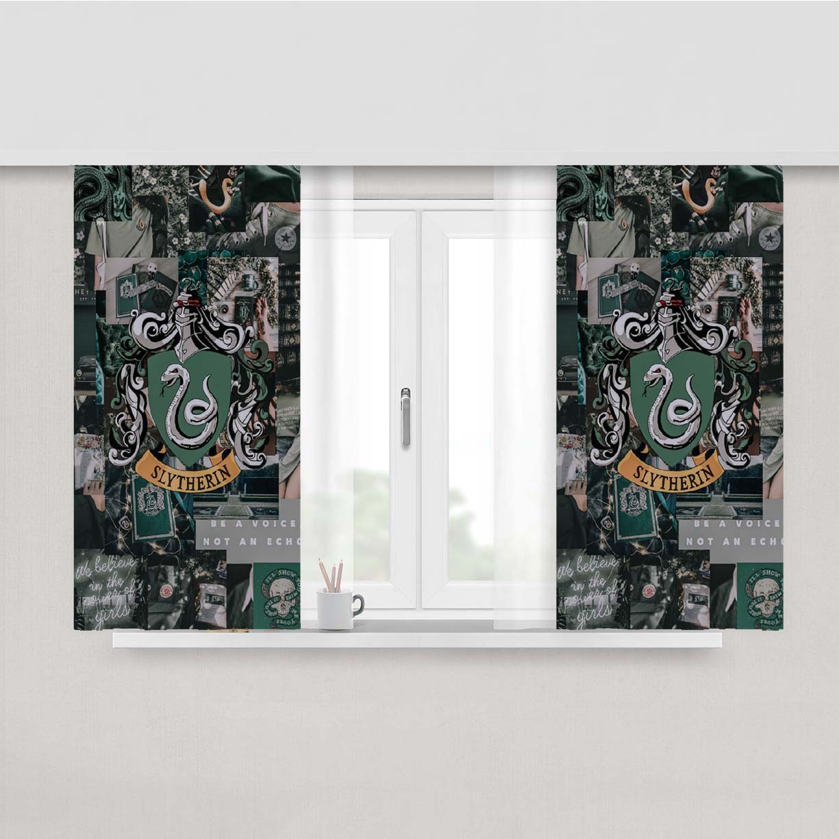 Slytherin Logo Green Wallpaper Collage Peach Skin Window Curtains