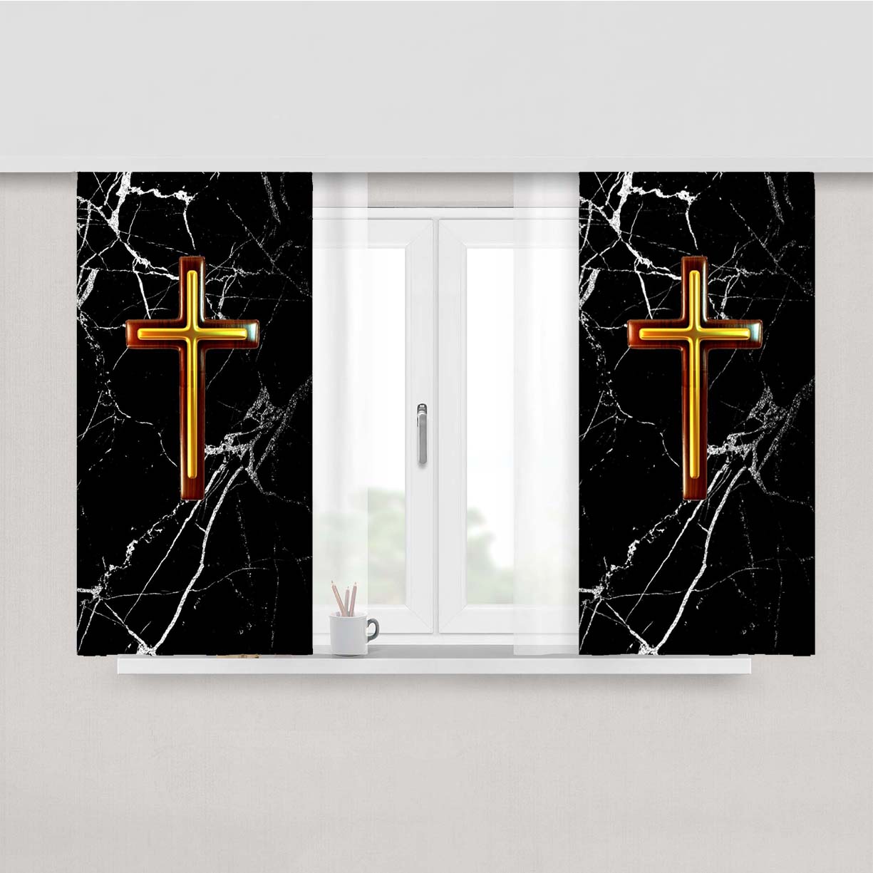 Small Gold Cross Marble Peach Skin Window Curtains