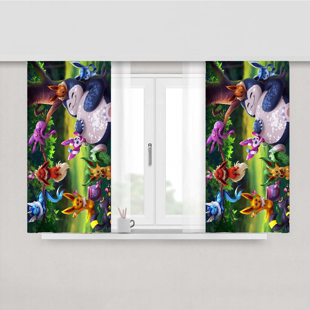 Snorlax Babysit Eevee Peach Skin Window Curtains