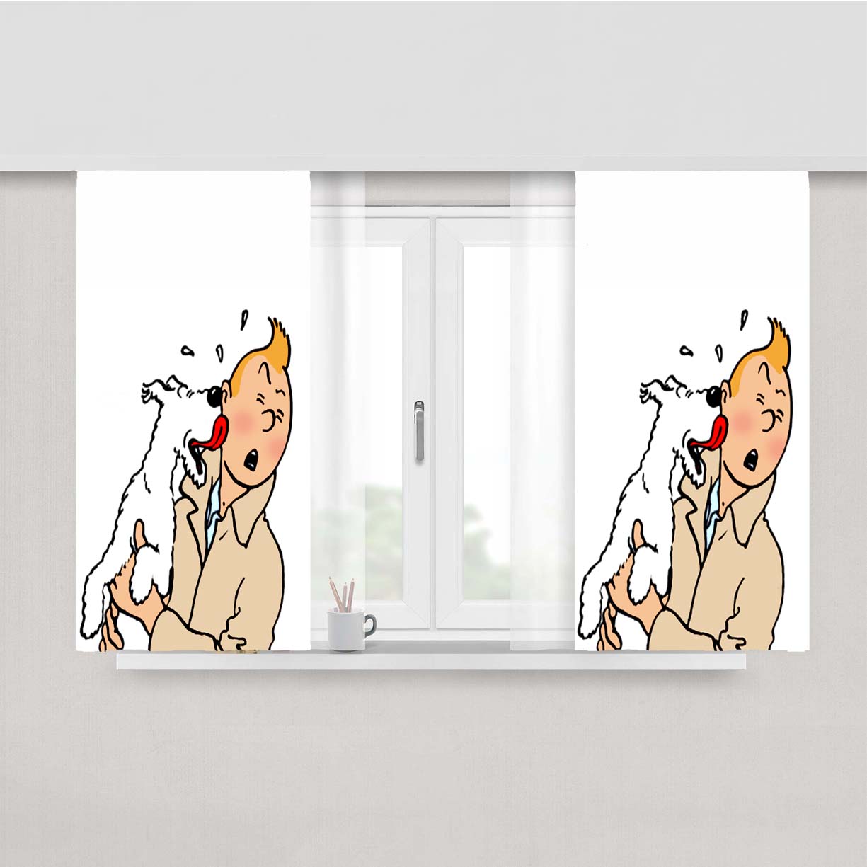 Snowy Lick Love Tintin Detective Peach Skin Window Curtains