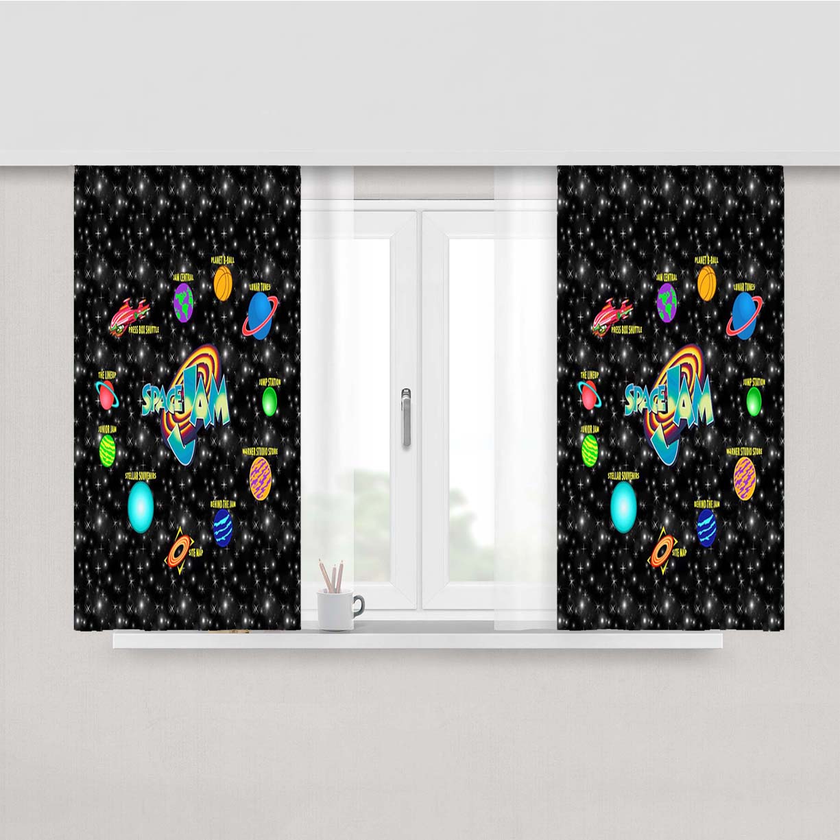 Space Jam Black Peach Skin Window Curtains